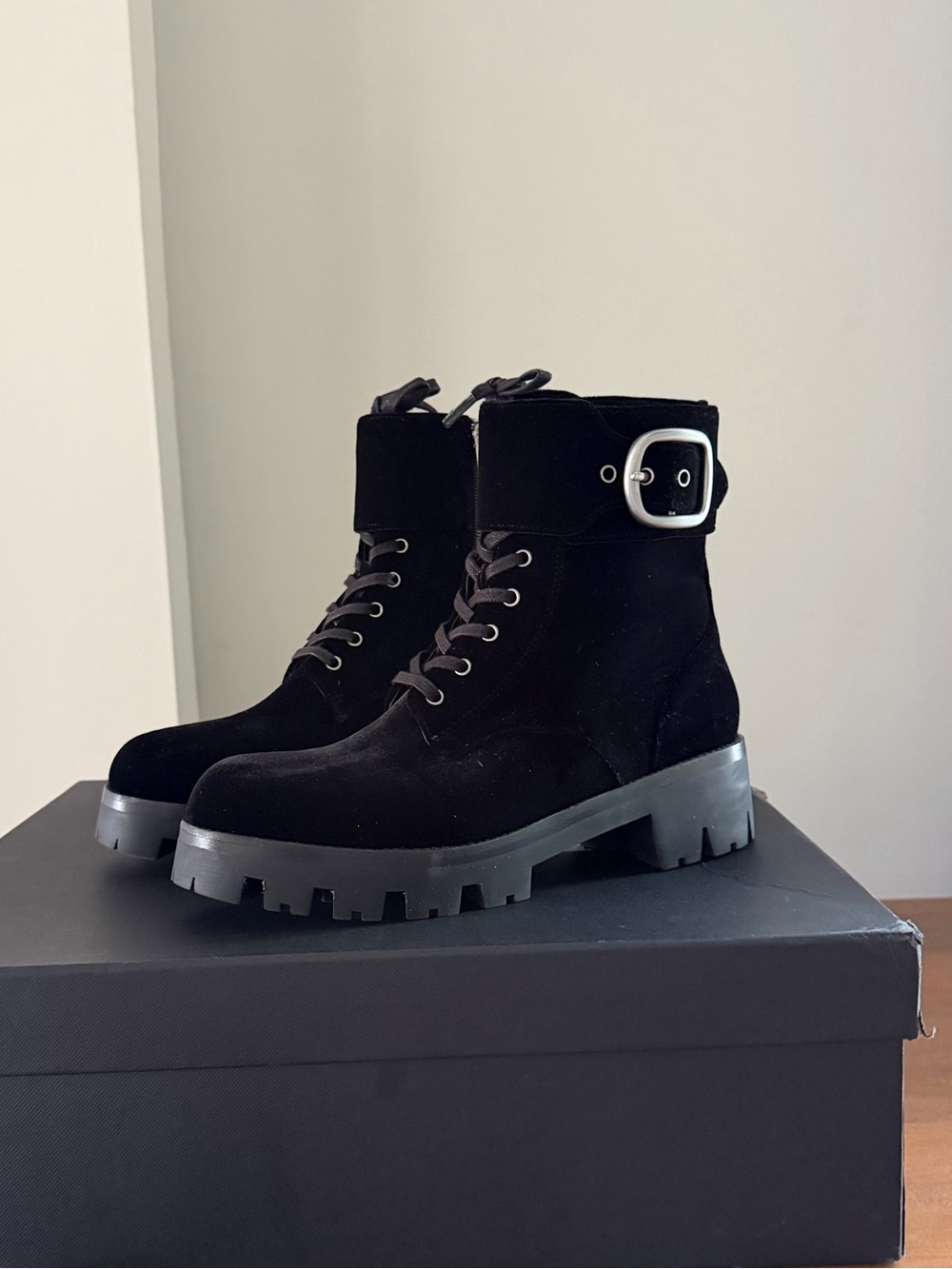 Coach Lucy Lace Up Bootie Black Velvet Lace-Up Lug Sole Ankle Boots with Buckle
